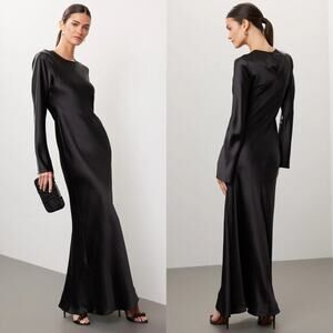 DELFI Collective Dress Satin Long Sleeve Crew Neck Maxi Slip Shift Gown Black XS